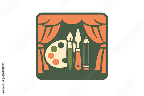 A flat vector illustration featuring art supplies like a palette