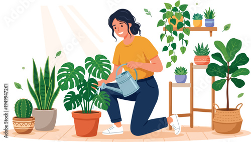 Woman Watering Indoor Plants, Home Gardening Hobby, Green Houseplants Collection