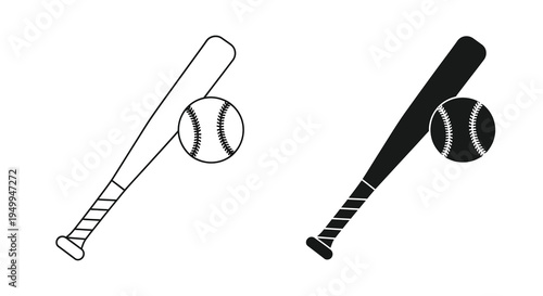 A simple illustration depicts a baseball bat and ball in both a white outline and a solid black version side by side