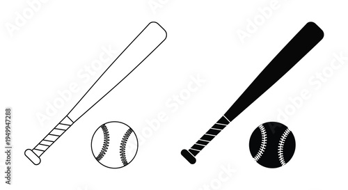 A minimalist illustration depicts a baseball bat and ball in both outlined and solid black versions showcasing sport equipment