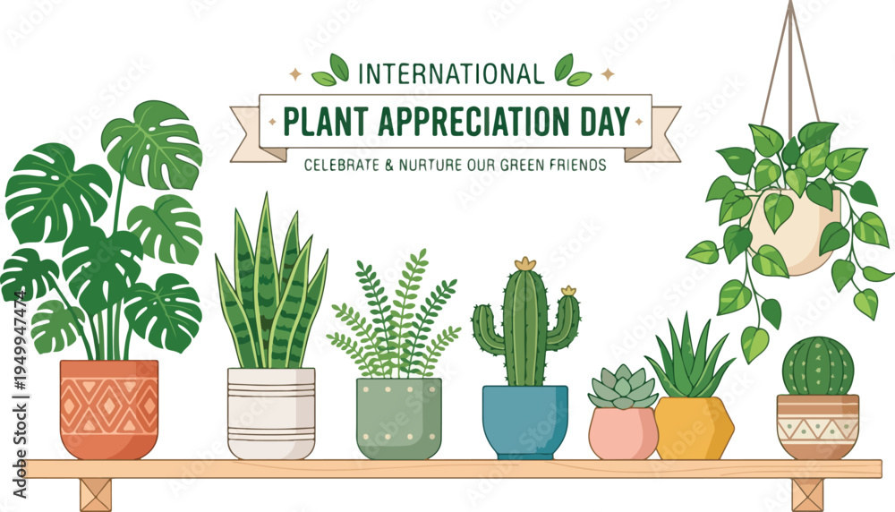 Fototapeta premium Various Potted Houseplants on Shelf for International Plant Appreciation Day