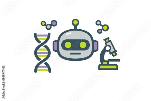 A flat vector illustration featuring a robot head surrounded by