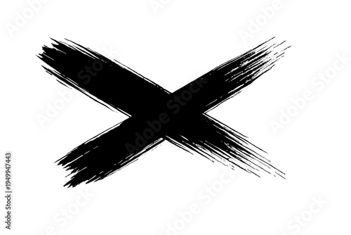 A black hand-drawn brushstroke cross symbol isolated on a white
