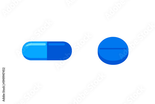 A vector illustration featuring a blue capsule and a round blue