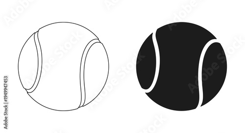 A contrasting pair of tennis balls is displayed in black and white showcasing a simple graphic representation of the sport
