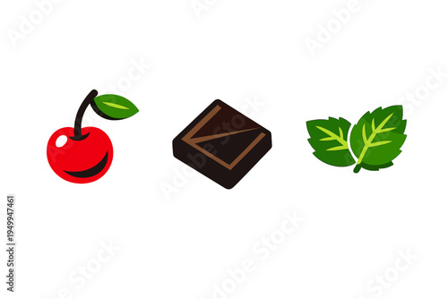 A set of three flat vector icons featuring a red cherry with a leaf