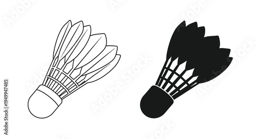 A detailed black and white illustration depicts two badminton shuttlecocks one light and one dark showcasing their intricate feathered structure