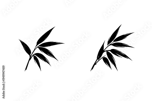 Minimalist black ink brush stroke illustrations of bamboo leaves