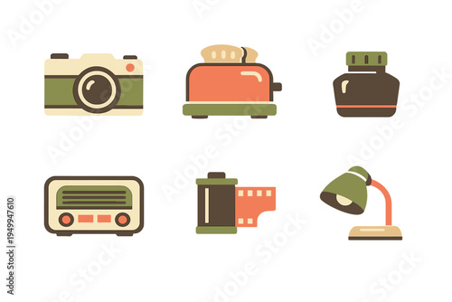 A collection of six vintage-style icons featuring a camera, toaster