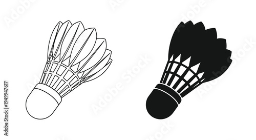A black and white illustration depicts two badminton shuttlecocks one light and one dark showcasing their feathered and rounded forms