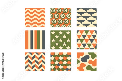A collection of nine retro geometric patterns in a 3x3 grid
