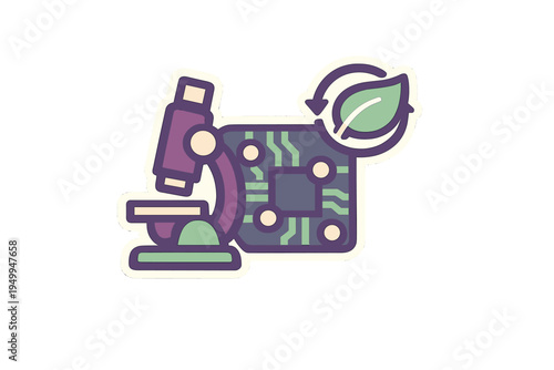 A sticker-style vector illustration featuring a microscope, a circuit