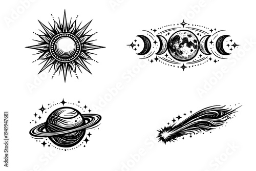 Set of four celestial illustrations in a black and white linework
