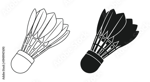 A striking black and white illustration depicts two badminton shuttlecocks showcasing their detailed feather and base structures high quality professional modern