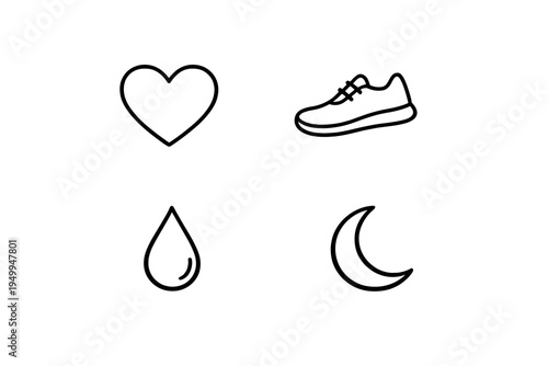 A set of four minimalist line icons representing health and wellness