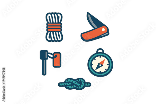A set of five flat vector icons representing essential outdoor
