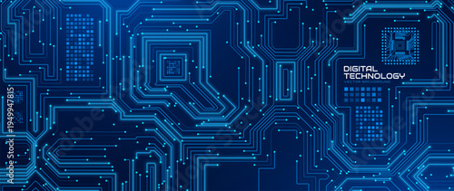 Blue Circuit Board Digital Electronics Background. Artificial Intelligence AI Microchip CPU Technology Backdrop Pattern. Computer Motherboard Vector Illustration.