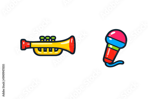 Vibrant cartoon icons of a yellow trumpet and a colorful microphone