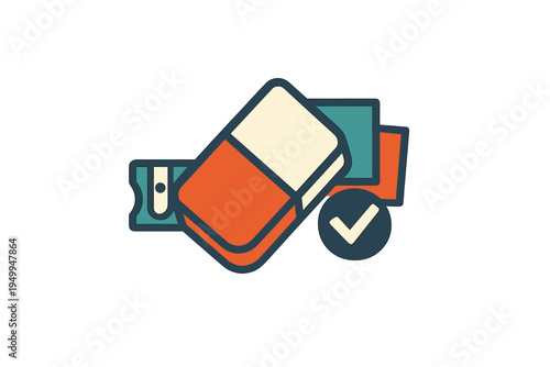 A flat vector illustration featuring a two-tone eraser placed over