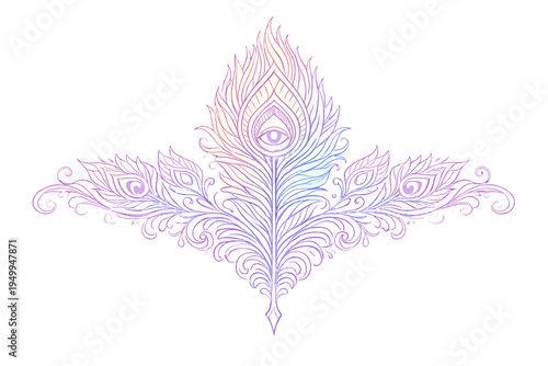 An intricate vector illustration of a stylized peacock feather with a