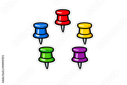A set of five colorful push pins arranged in a circle