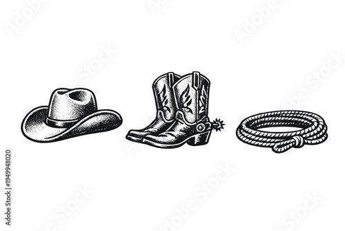 A set of vintage hand-drawn cowboy icons including a wide-brimmed
