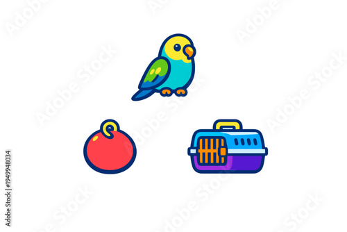 Vector illustration set featuring a colorful budgie, a red hanging