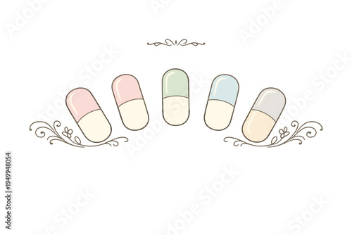 Vector illustration featuring five pastel-colored capsule pills