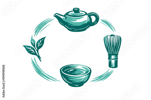 A teal monochrome vector illustration featuring traditional tea