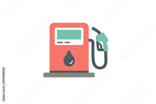 A flat vector illustration of a red gas pump icon with a teal nozzle