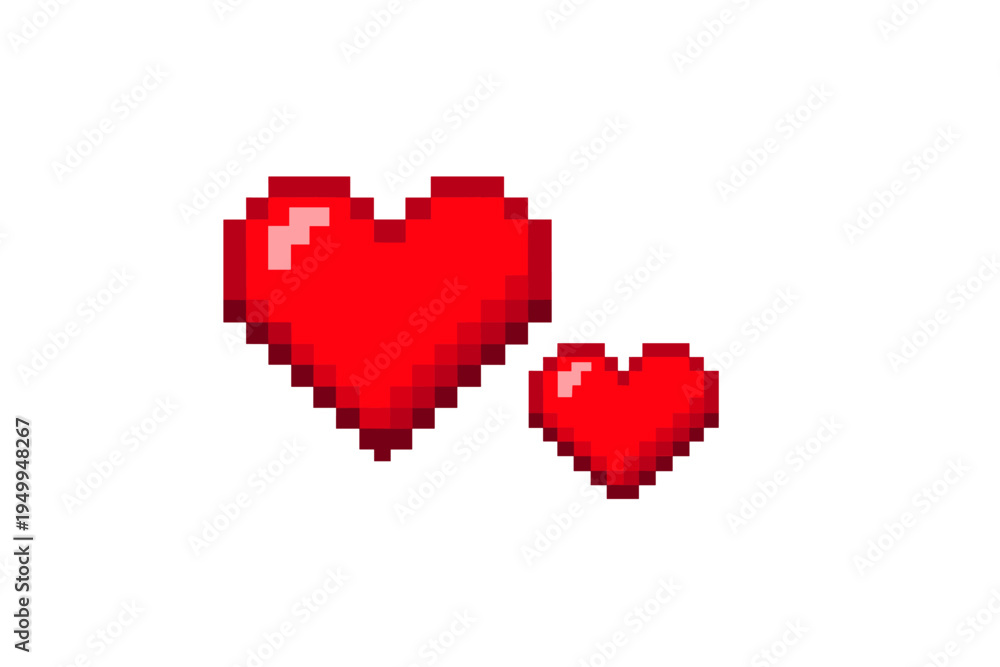 Fototapeta premium Two red pixel art hearts of different sizes isolated on a white