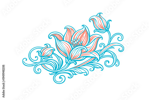 A stylized floral illustration featuring a large central flower and