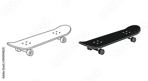 A minimalist illustration depicts two skateboards in contrasting black and white showcasing their shape and wheel configurations high quality