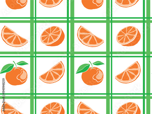 Seamless vector pattern featuring fresh oranges and green gingham grid. Vibrant citrus illustration with whole fruits, halves, and juicy slices on a white background. Minimalist flat design 