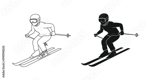 A minimalist illustration depicts two skiers in action showcasing dynamic poses and essential winter sports equipment high quality professional
