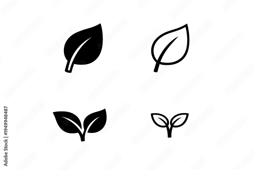 Fototapeta premium A collection of four minimalist leaf icons in solid black and outline