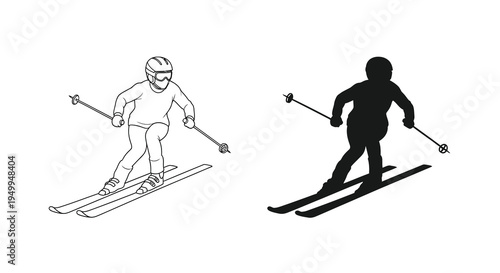 A graphic depiction of a skier in motion is shown in both a line drawing and a solid silhouette