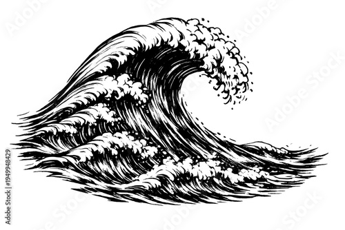 A black and white vector illustration of a powerful ocean wave in a