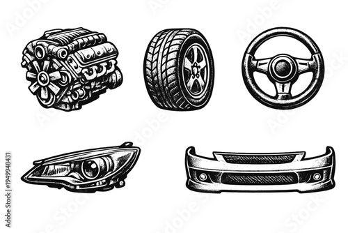 A collection of hand-drawn car parts including an engine, wheel
