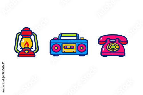 A set of three colorful retro icons featuring a vintage kerosene