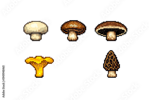 A collection of five edible mushroom icons in a retro pixel art