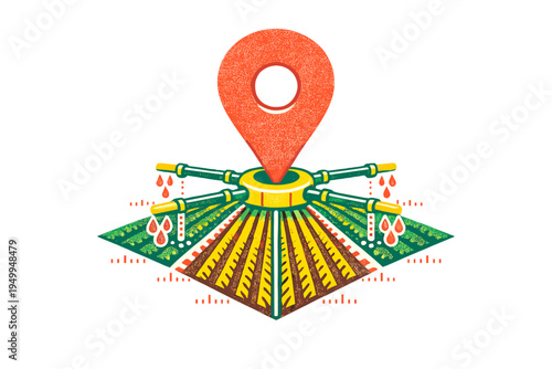 A stylized isometric illustration of a map pin icon placed over a