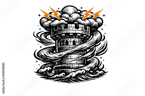 This vector illustration features a stone fortress tower surrounded