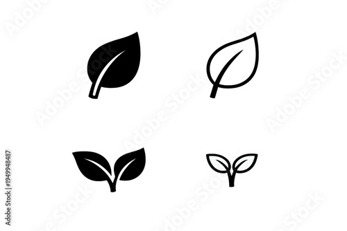 A collection of four minimalist leaf icons in solid black and outline