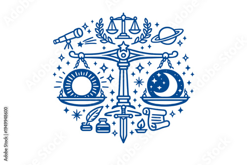 Blue monoline vector illustration of a central scale of justice