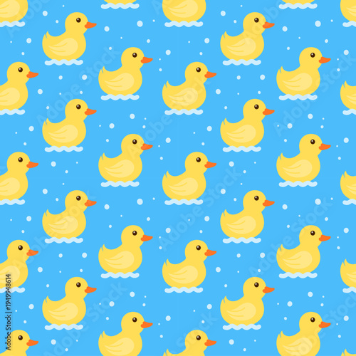 cute cartoon yellow baby duck float water seamless pattern texture blue background