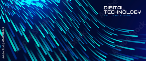 Digital Technology Flow Background With Glowing Data Lines And Neural Network Elements. Futuristic Big Data Visualization Concept For AI And Data Science.