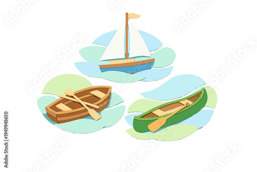 Three vector illustrations of watercraft including a sailboat, wooden