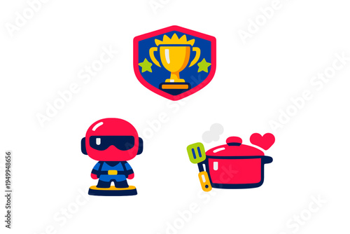 A set of three flat vector icons featuring a gold trophy on a shield
