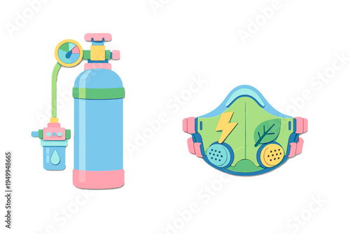 A stylized oxygen tank and protective respirator mask set in a